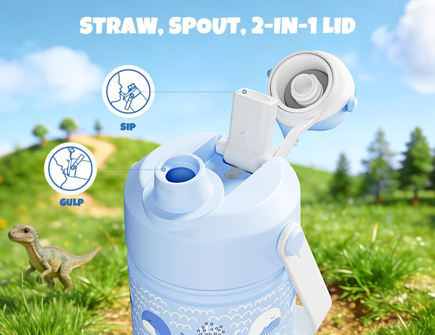 POWCAN 18 oz Kids Water Bottle for School: 2-in-1 Straw Spout Lid with Soft Animal Head, Leakproof, Backpack Friendly, Keep Cold 24H, Insulated cup for Sports, Playground, Holiday Gift (Whale Splash) image 3