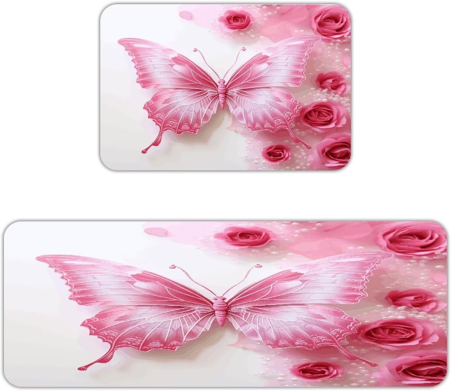 Pink and White Butterfly Kitchen Mat Washable Non Slip Rugs Soft Kitchen Mats for Floor Set of 2 PCS Cushioned Absorbent Runner Standing Rugs for Home Sink Laundry Office
