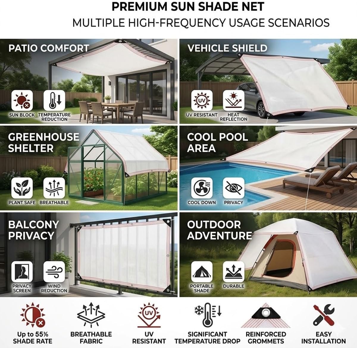 50% White Shade Cloth with Grommets, HDPE Shade Net for Garden, Greenhouse Mesh Tarp Water Permeable, Sunblock Cover for Patio Vegetable Bed Dog Kennel Coop(14x20ft)