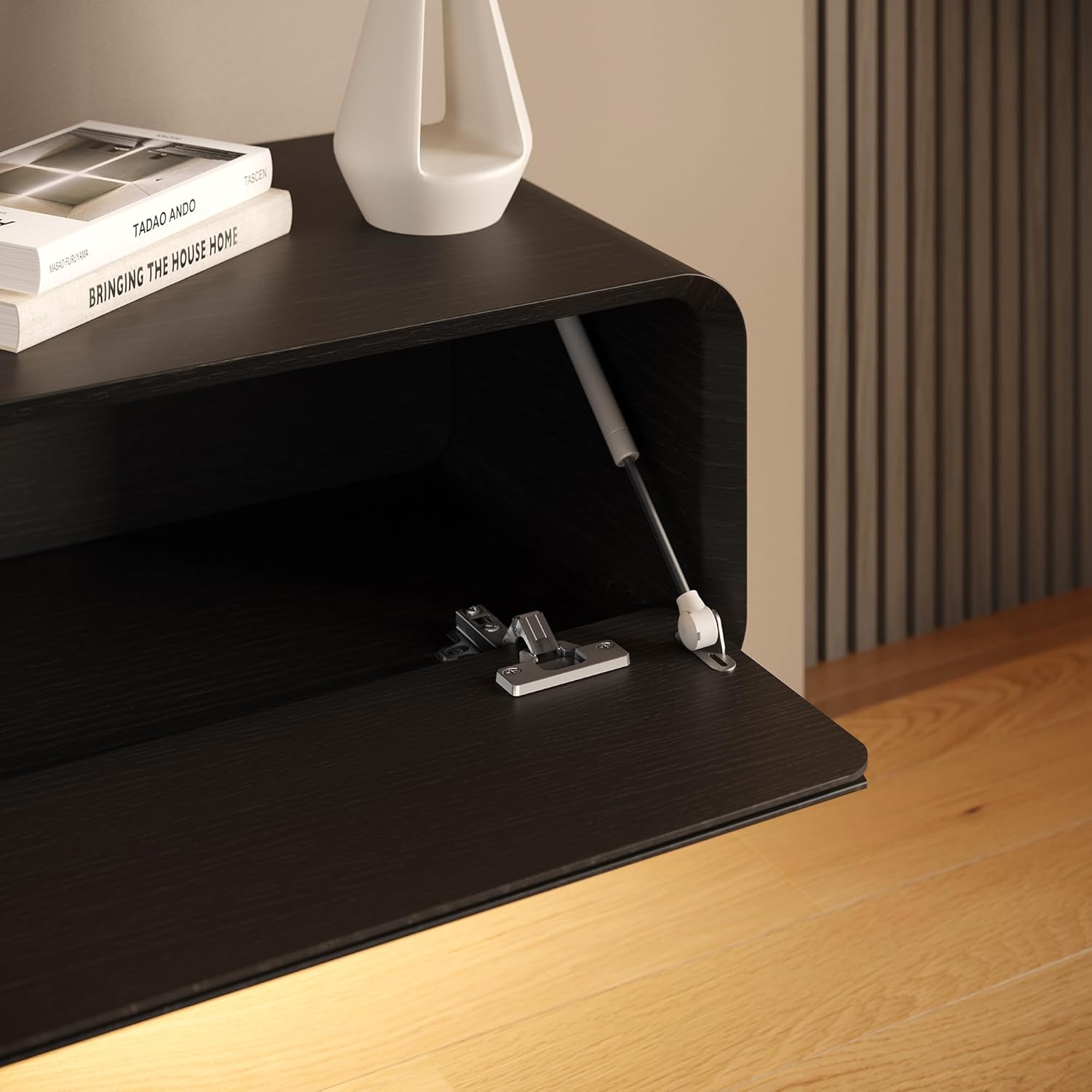 POVISON Fully-Assembled Minimalist Floating TV Stand with LED Lights, Modern Wall-Mounted Media Console with 4 Flip-Down Cabinet Doors for 85 Inch TV, Black Oak, 94"