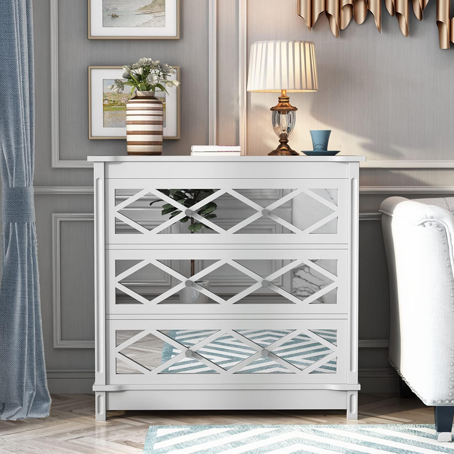 EROMMY 3 Drawer Dresser, Chest of Drawer with Decorative Mirror, Modern Accent Dresser with Wide Storage, Functional Organizer Cabinet for Bedroom, Living Room, Hallway, Entryway, White
