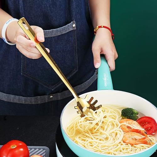 Miniatura 7 de Berglander - Cuchara de espagueti dorada, servidor de pasta con chapado en oro de titanio, servidor de espagueti de acero inoxidable para cocinar,