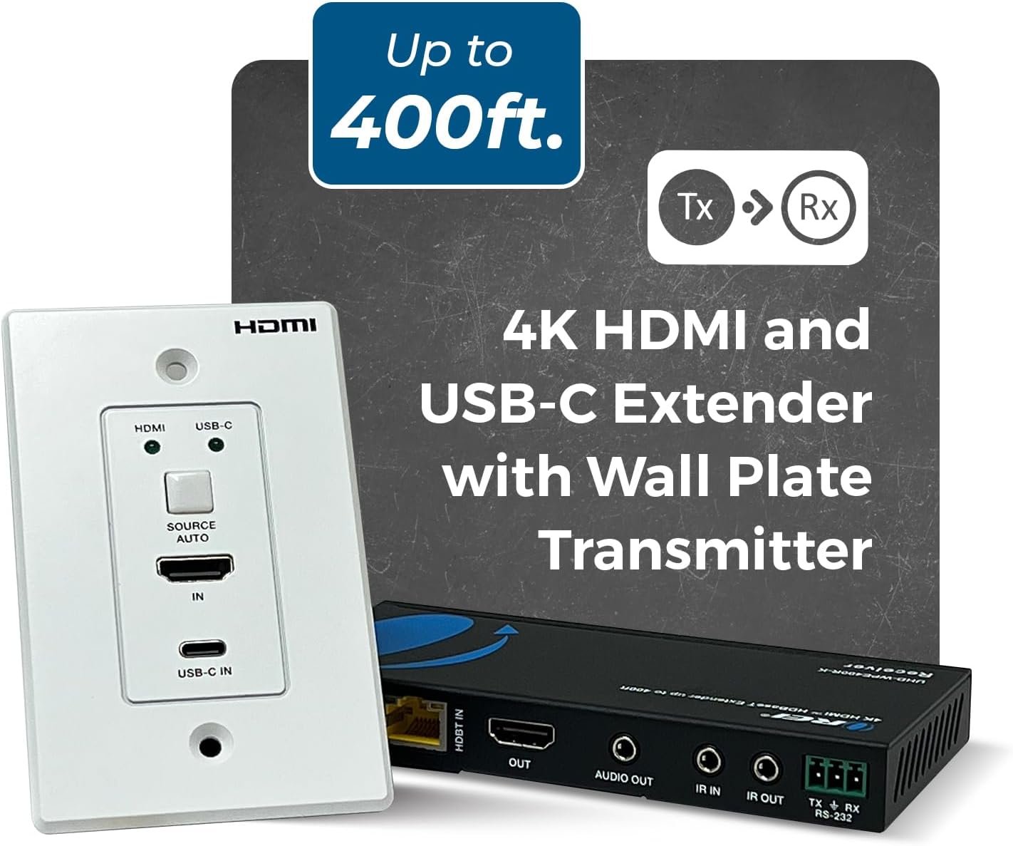 OREI 4K Wall Plate HDBaseT HDMI/USB-C Extender, 400 ft Over Single Cat6/Cat7 Cable Wall Plate Transmitter 4K @ 60Hz, HDR, RS-232, CEC, & 2 Way IR Control