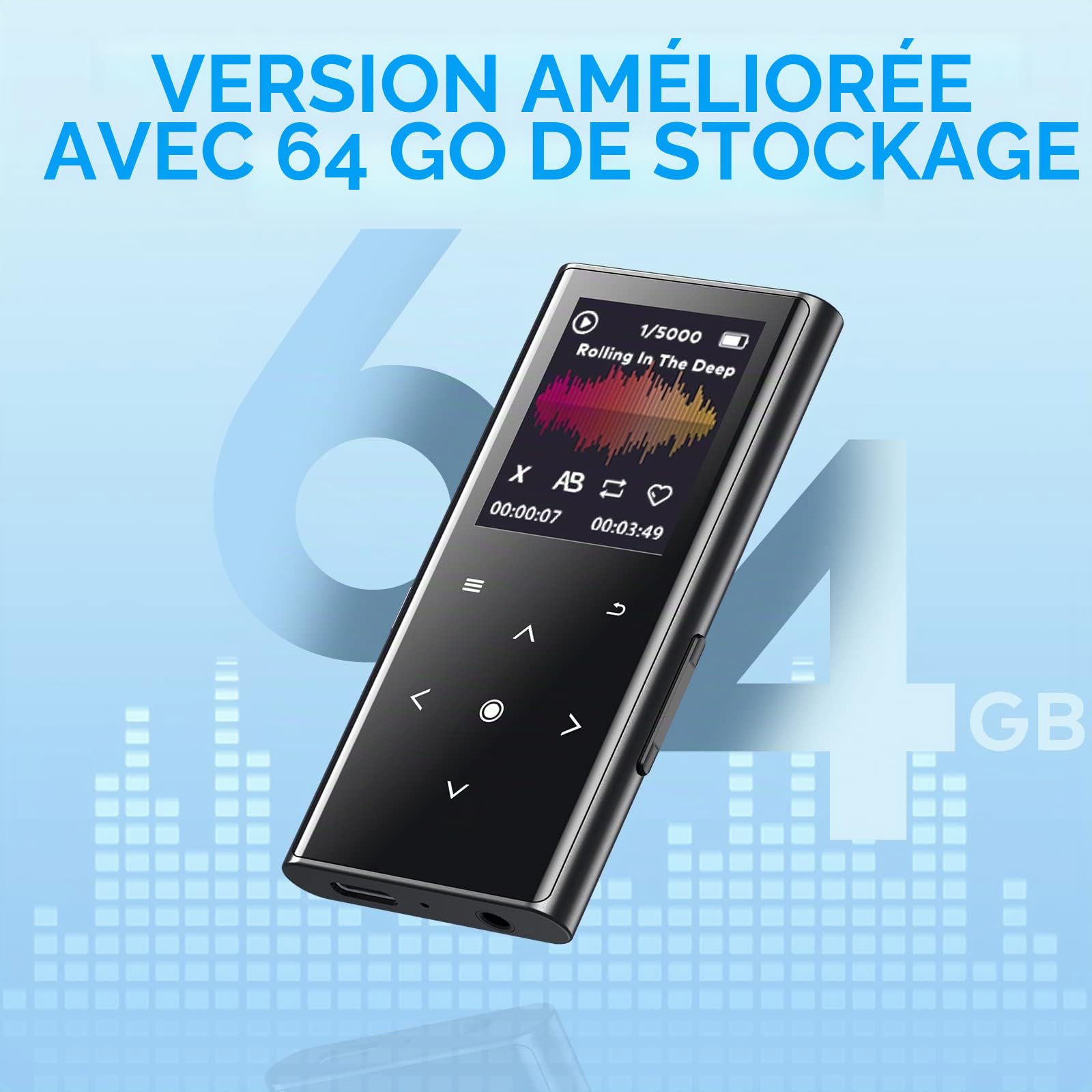 64Go Lecteur MP3, Lecteur de Musique avec Bluetooth 5.2, Haut-Parleur HD Intégré, Radio FM, Enregistreur Vocal, Design Mini, Poids 70G, Son HiFi, Idéal pour Le Sport, Écouteurs Inclus