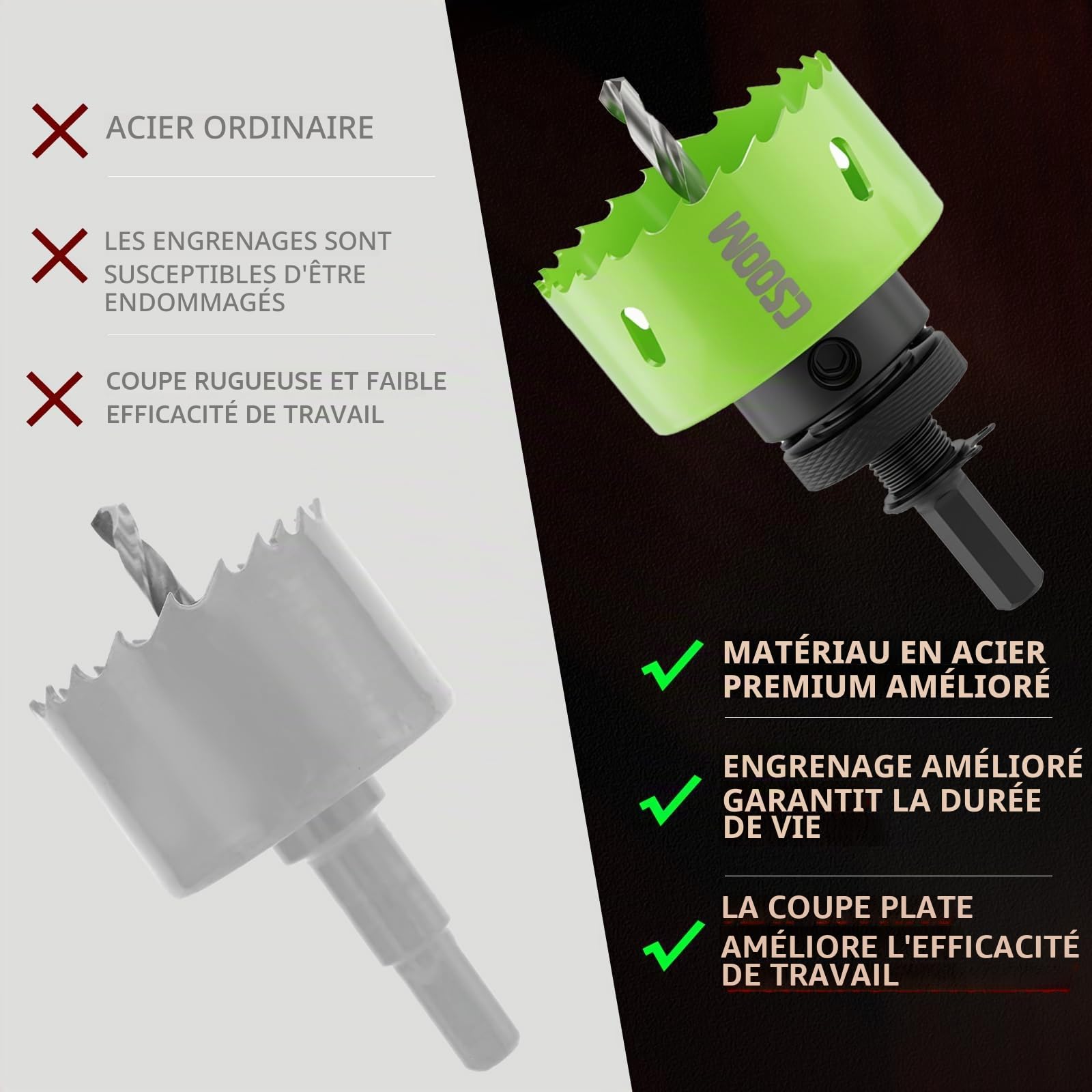 CSOOM Kit de scies cloches bimétalliques de qualité supérieure - 12 tailles (19 à 68 mm) - Profondeur de Coupe: 40 mm - Convient pour différents matériaux et applications