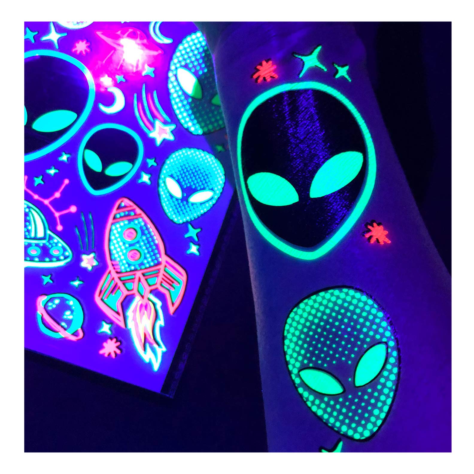 Temporary UV Blacklight Reactive Tattoos – 1 Sheet Alien UFO Design Body Art Festival Accessories Glow in the Dark Party Supplies | 7.2” x 5.2” Temp Tattoos Great for EDM EDC Party Rave Parties