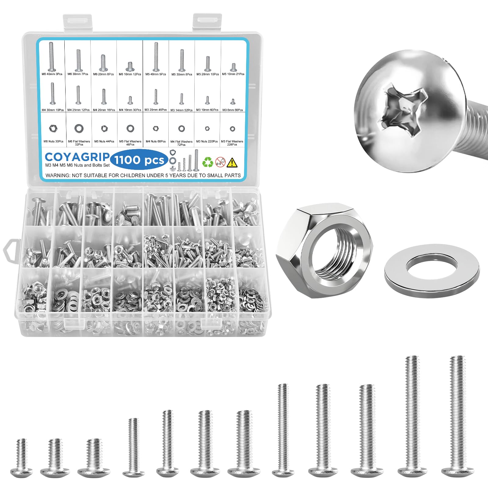 Photo 1 of 1100PCS Nuts and Bolts Assortment Kit, M3 M4 M5 M6 Phillips Head Machine Screws Assorted Set with Storage Case, Metric Bolts Nuts and Flat Washers Kit