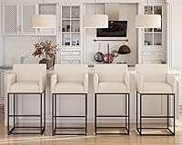 Vista 13 de HNY Taburete de bar moderno de altura de mostrador, taburete de bar tapizado de tela de lino con respaldos, taburetes de isla de cocina de 27 crema