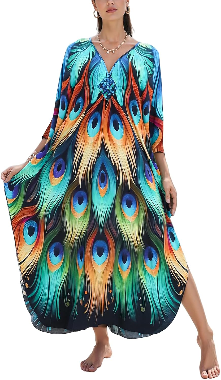 ELSCIRW Women's Caftan Dresses Plus Size Mumu with V-Neck Batwing Sleeves Lightweight Beach Cover Up and Loungewear