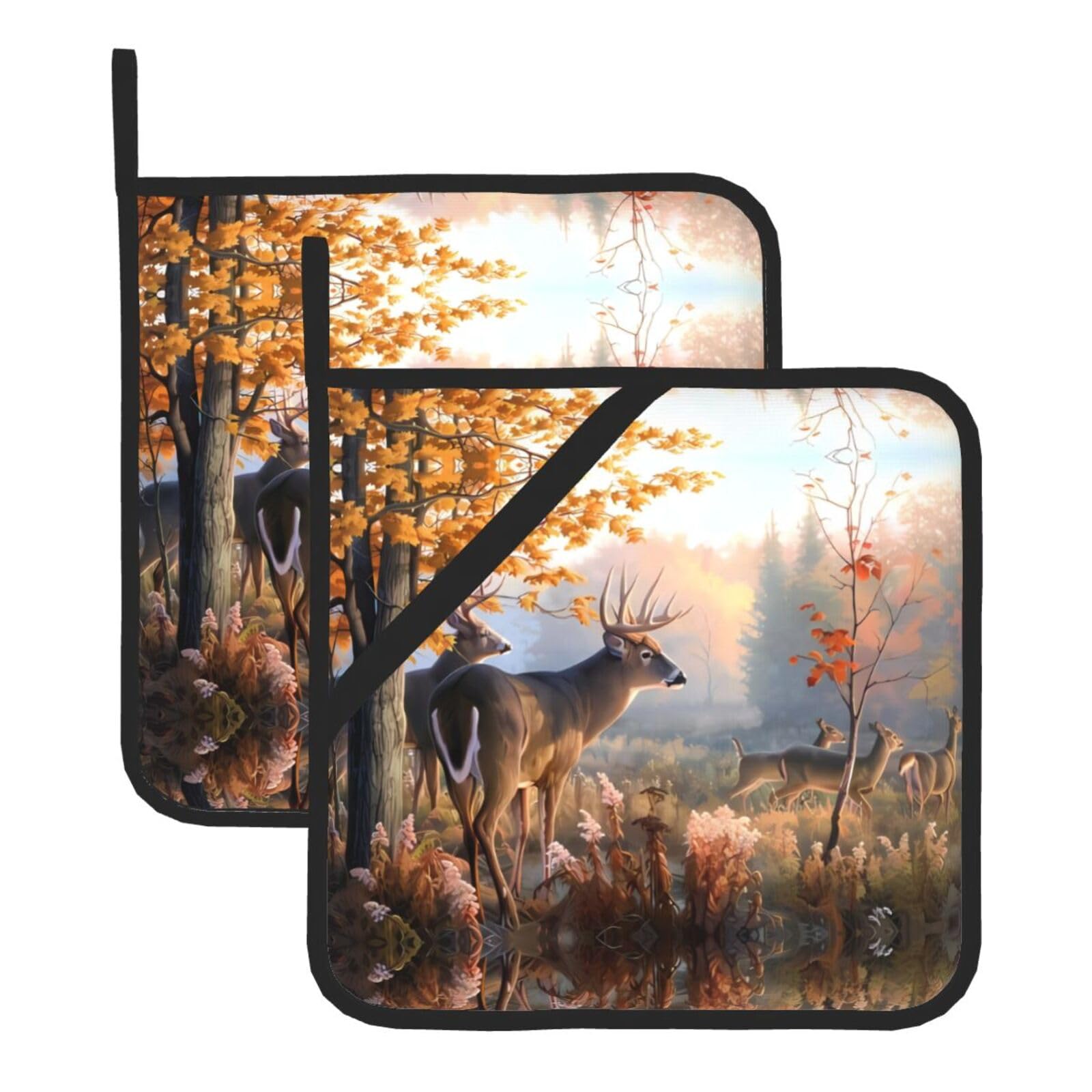 YYHWHJDE Cute Deers Prints Square Hot Pads for Kitchen Counter - Waterproof Pot Holders with Hanging Loop, Durable Trivets for Microwave Oven - 2 Pack