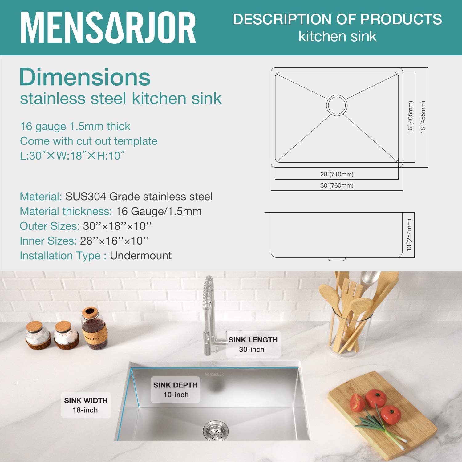 Kitchen Sink, MENSARJOR 30'' x 18'' Undermount Single Bowl Kitchen Sink 16  Gauge Stainless Steel Kitchen Sink
