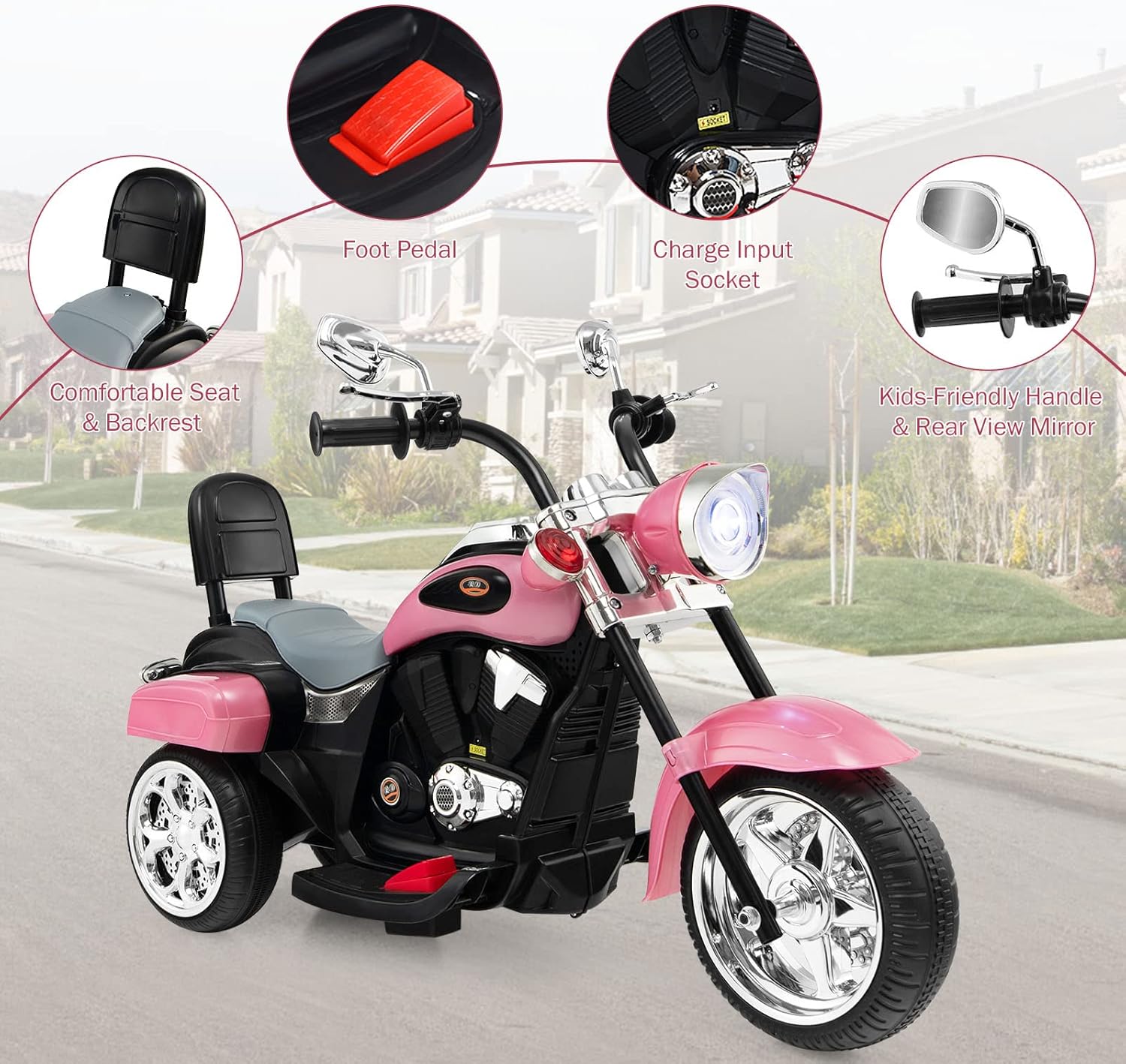 Costzon Kids Motorcycle, 6V Battery Powered Ride on Chopper Motorcycle w/Horn, Headlight, 3-Wheel Stable Ride on Toys, Electric Toddler Motorcycle for Kids, Gift for Boys Girls (Pink) - Image 3