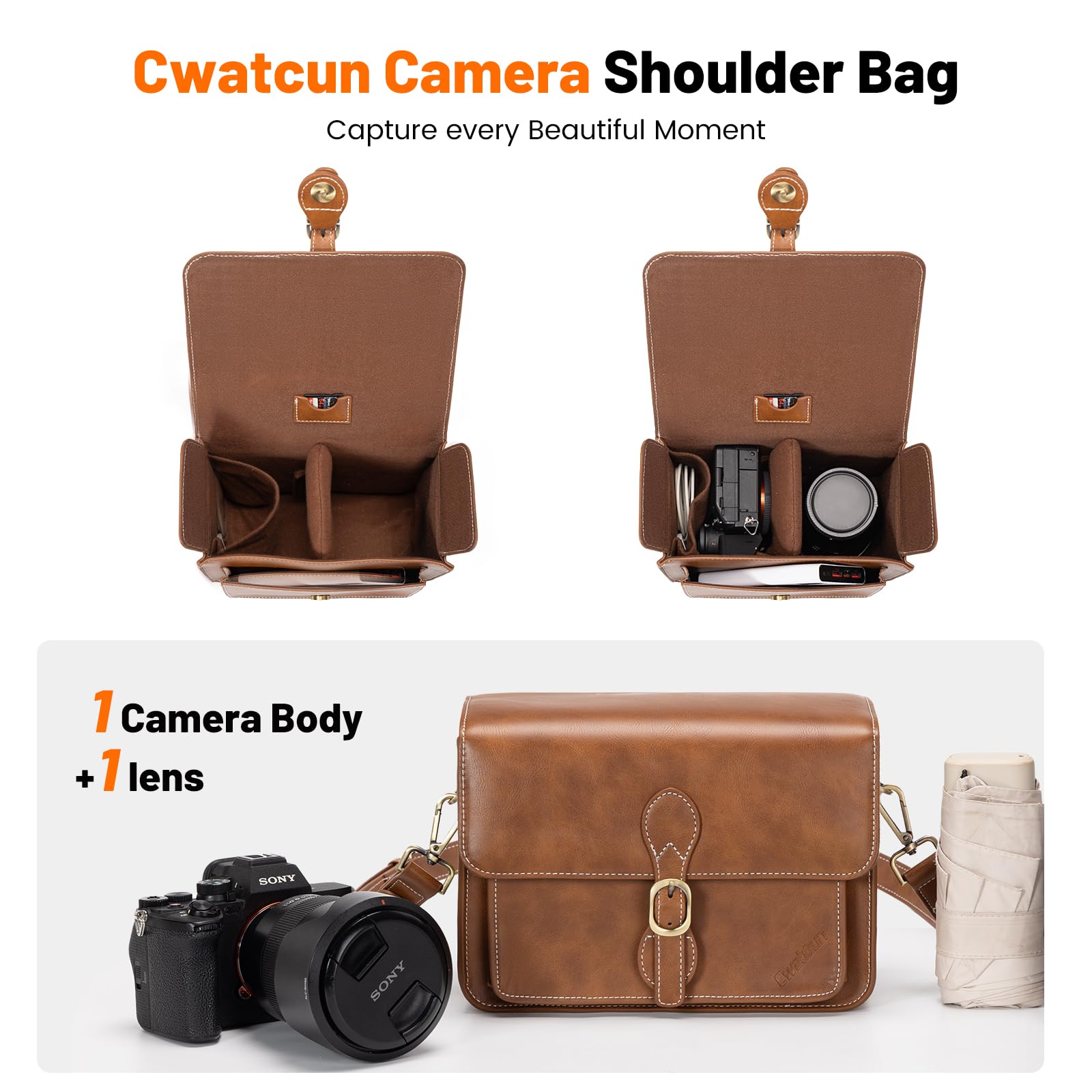 Cwatcun Sacoche pour Appareil Photo Sacoche d'épaule pour Appareil Photo Compact Sacoche étanche Rétro Compatible pour Canon Nikon Sony SLR/DSLR Appareil Photo sans Miroir et Objectif Marron,S