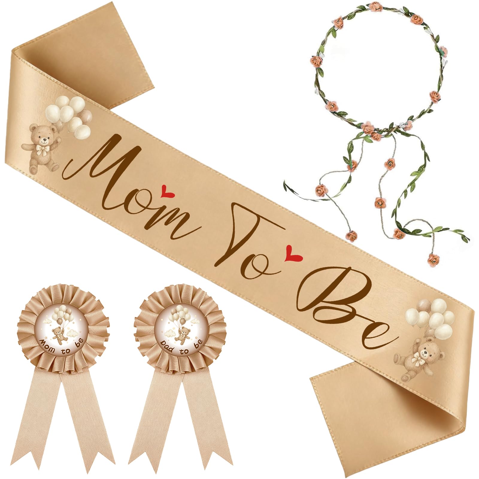 Bafutayawa Mom To Be Sash, Baby Shower Set, Brown Mommy To Be Sash with Dad To Be Pin and Flower Crown, Baby Party Decoration and Photo Props