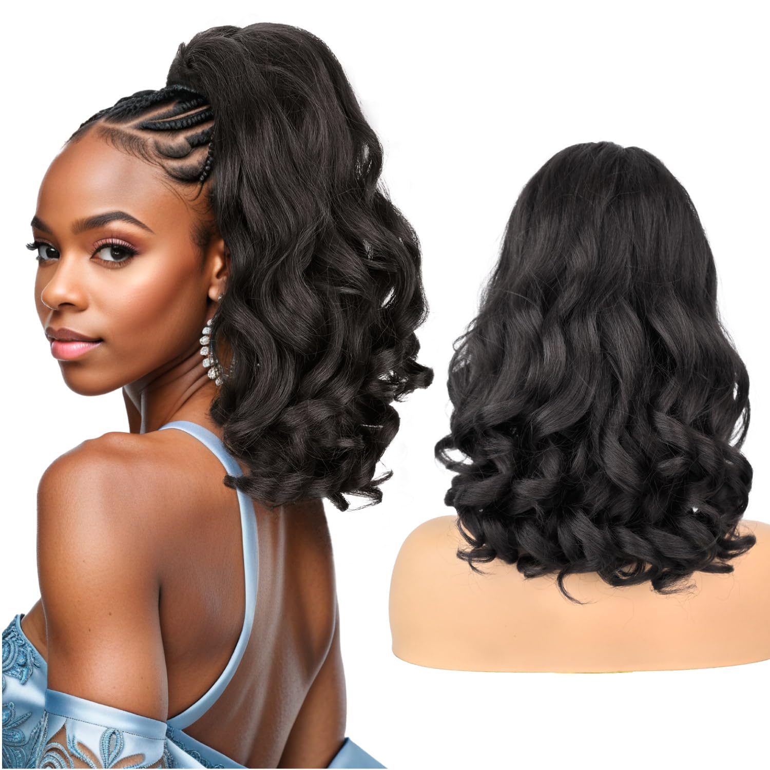 Curly Ends Yaki Straight Drawstring Ponytail for Black Women 18inch Long Brown Black Pony Tail Extension Synthetic Slight Kinky Straight Ponytail with Curly Ends(Brown Black)