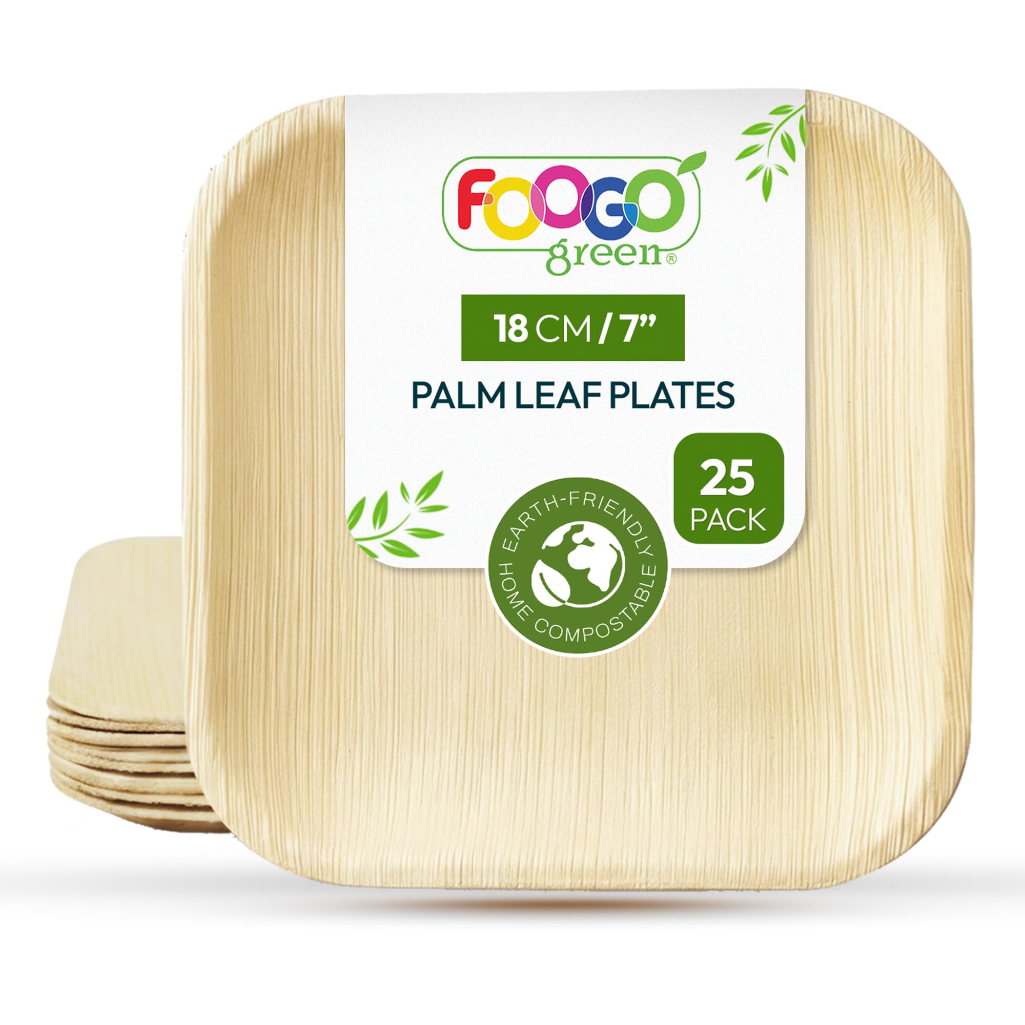 FOOGO Green 25pcs Disposable Palm Leaf Plates, 7"(18cm) for Desserts, Eco Friendly, Biodegradable, Compostable Like Wooden, Bamboo & Small Square Paper Plates for Hot Food, Picnic Wedding Parties โ image 1