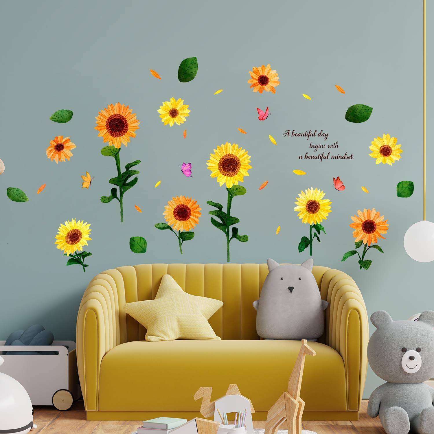 WALPLUS Watercolour Sunflowers with Butterflies Wall Stickers 150 x 80 cm, Peel and Stick Removable Wall Decals for Bedroom Nursery Playroom Living Room Decor