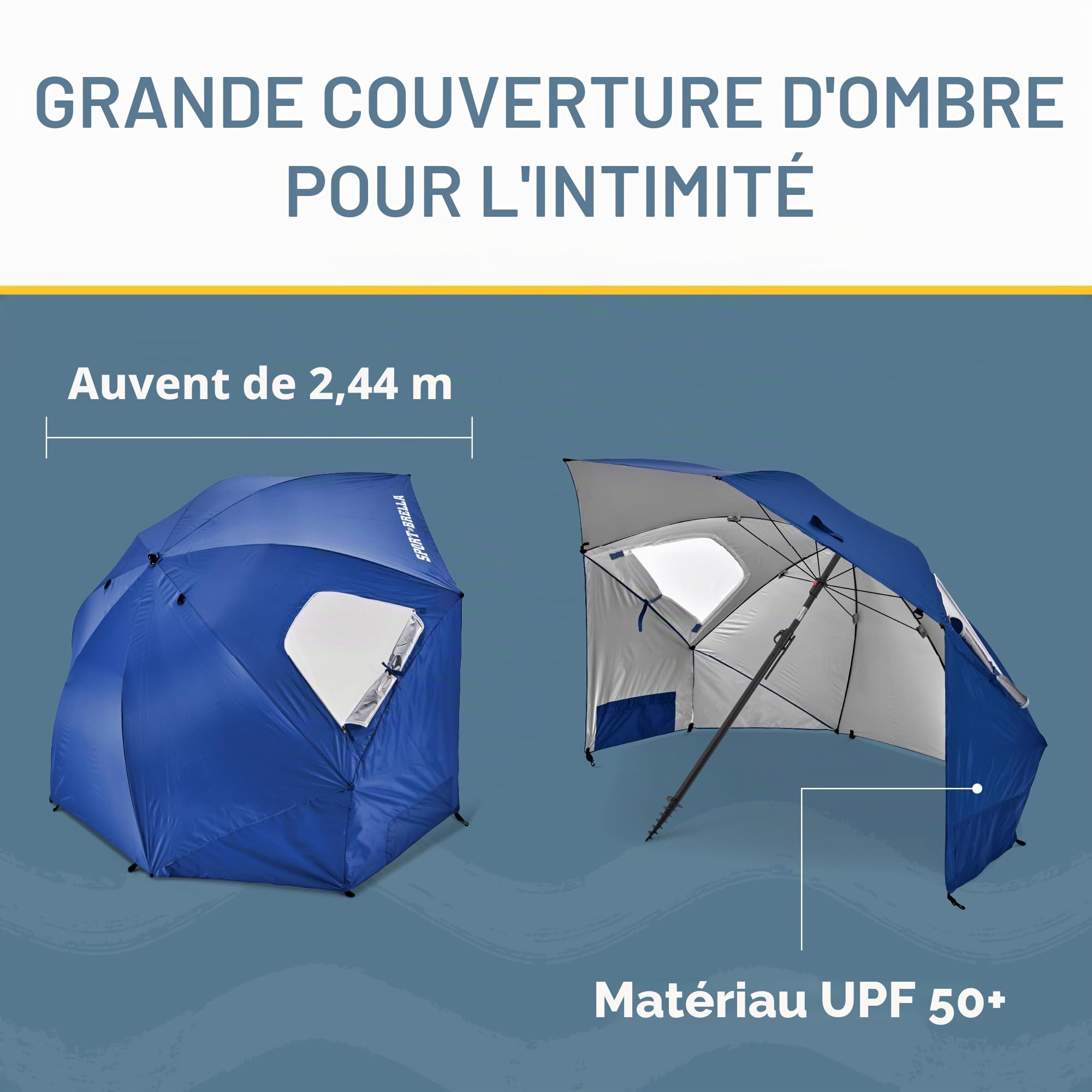 Sport-Brella Parasol Première - Protection Solaire UPF 50+ Et Réflexion De Chaleur, Conçu pour Position Incliné Ou Droite, Idéal pour Plage, Événements Sportifs Et Camping, 2,4m, Bleu