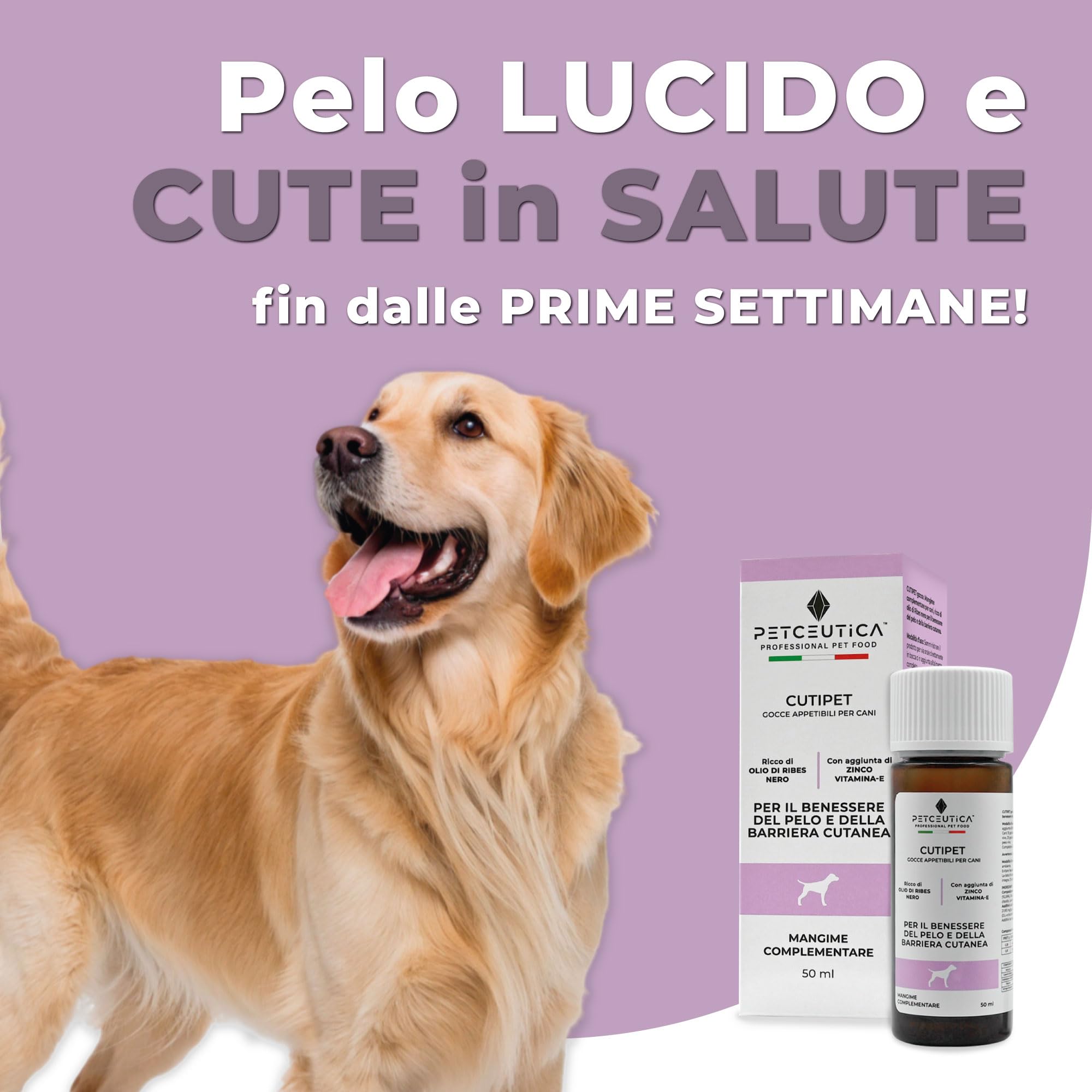 PETCEUTICA CUTIPET Integratore per Pelo Cane 50 ml, Olio di Ribes Nero, Zinco, Biotina, Gocce, Bianco, Made in Italy, con Siringa Dosatrice