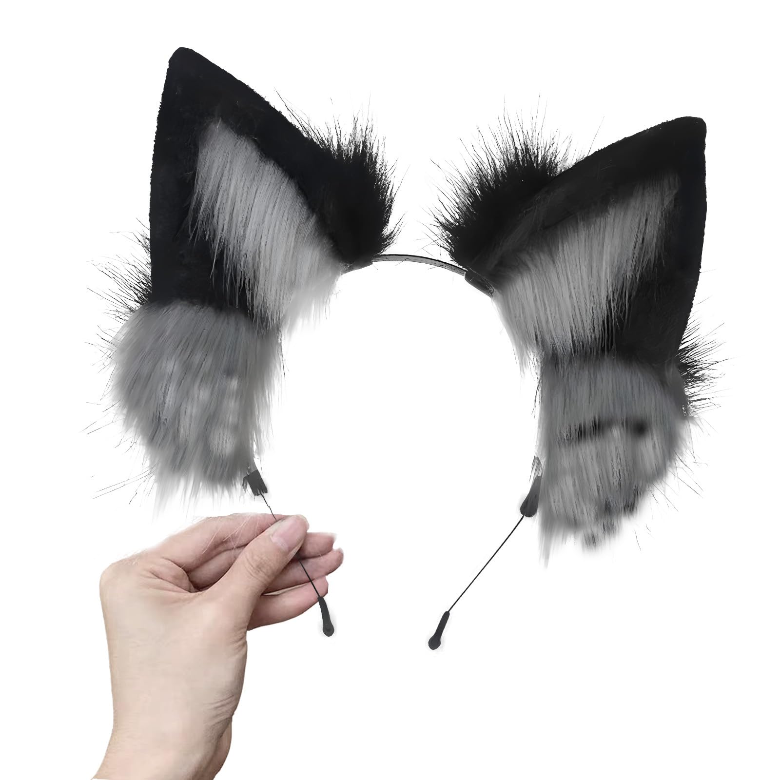 Ycfish Handmade Faux Fur Cat Ear Headband Cosplay Costume Party Cute Head Accessories for Halloween Fluffy Wolf Fox Cat Ears Headband Costume Hair Hoop (Black ash)