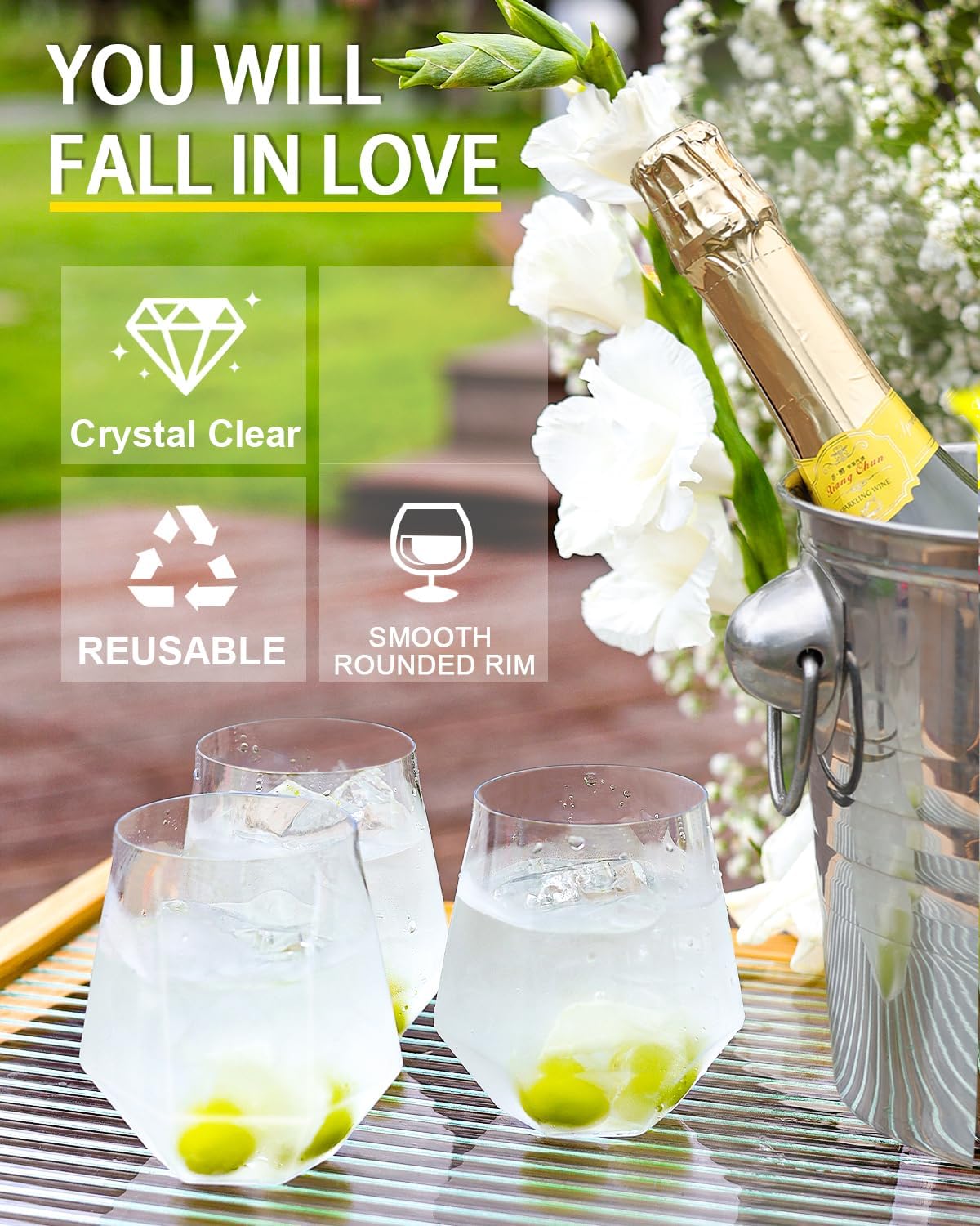 40 Pcak Plastic Stemless Wine cocktail Whiskey Champagne Glasses, 12 Oz Disposable Clear Unbreakable Cups for Party Bars Wedding Tasting (Diamond-shaped) - Image 4