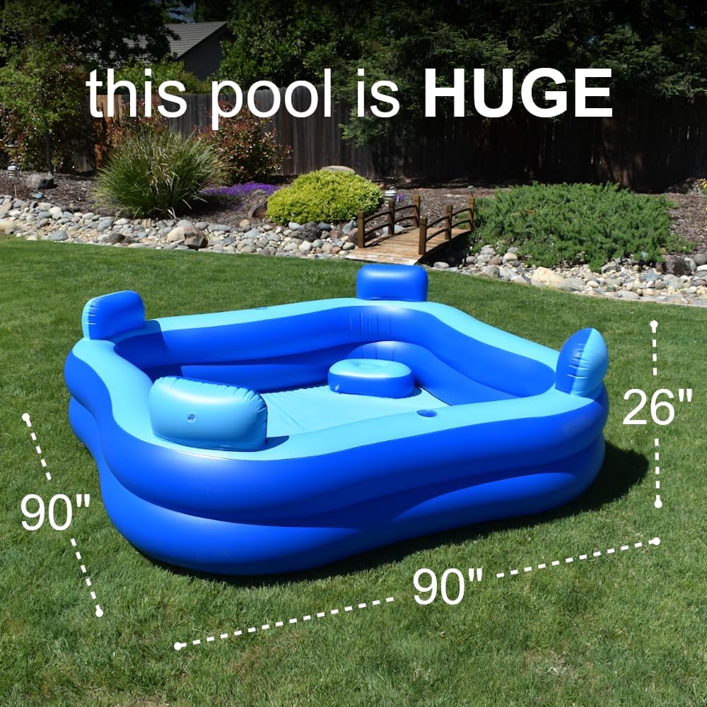Inflatable Pool Bundle with Seats & Headrests - 8ft x 8ft - Electric Pump and Ground Tarp Included - Fast Setup and Reinforced Seams