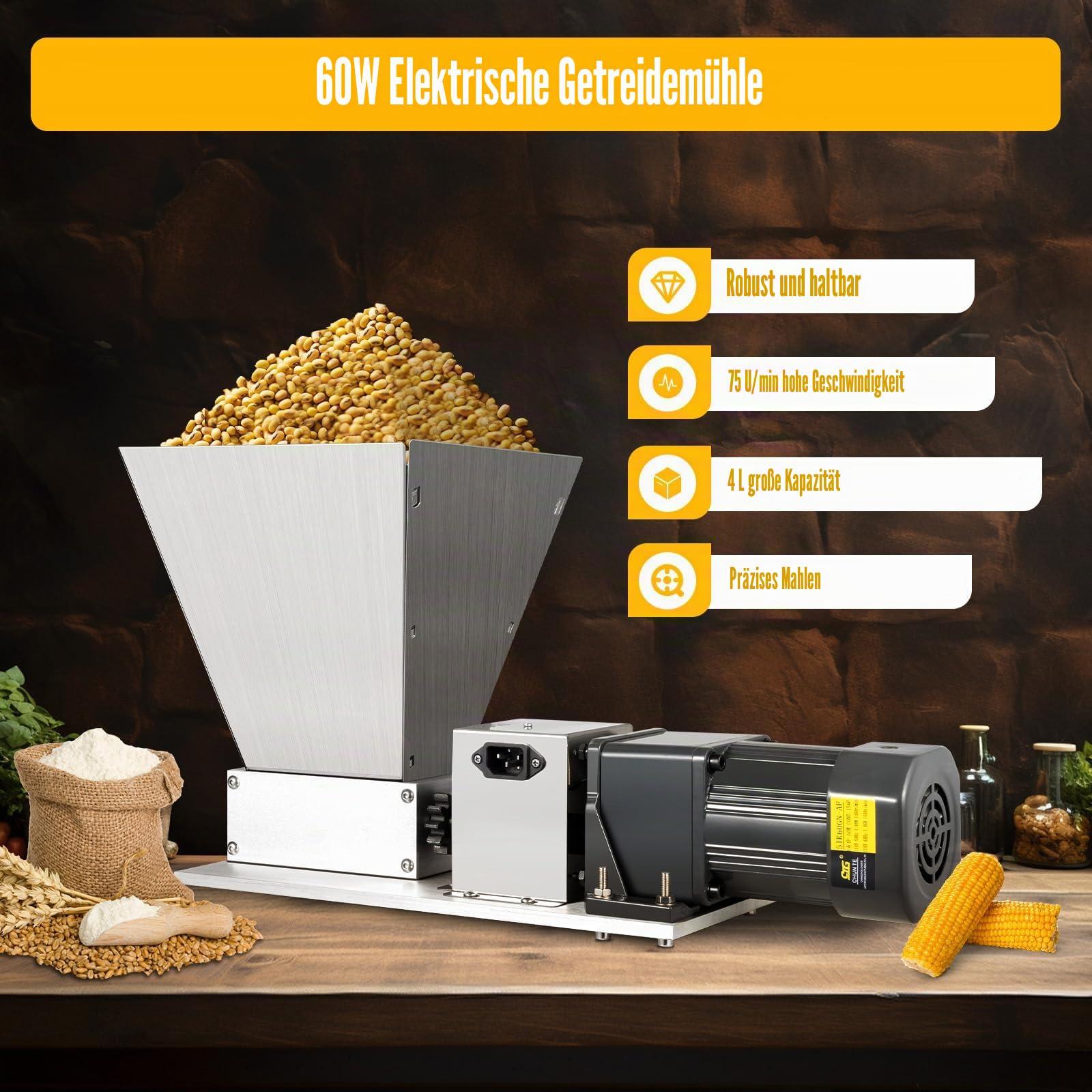 220V Getreidemühle, Getreid WalzenmüHle, Elektrisch Kornquetsche für Gewürze, Nüsse, Getreide, Europäischer Stecker, Schleifgeschwindigkeit 20kg (44lbs) / h