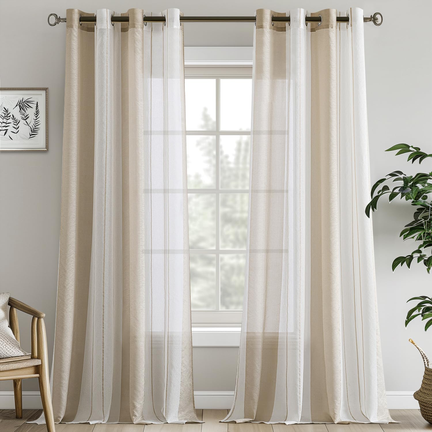 EMEMA Tende a righe trasparenti con occhielli Tende in voile Soggiorno moderno Set di 2 tende Camera da letto Trasparente con motivo Tenda a righe semitrasparente 140 x 290cm Bianco Beige