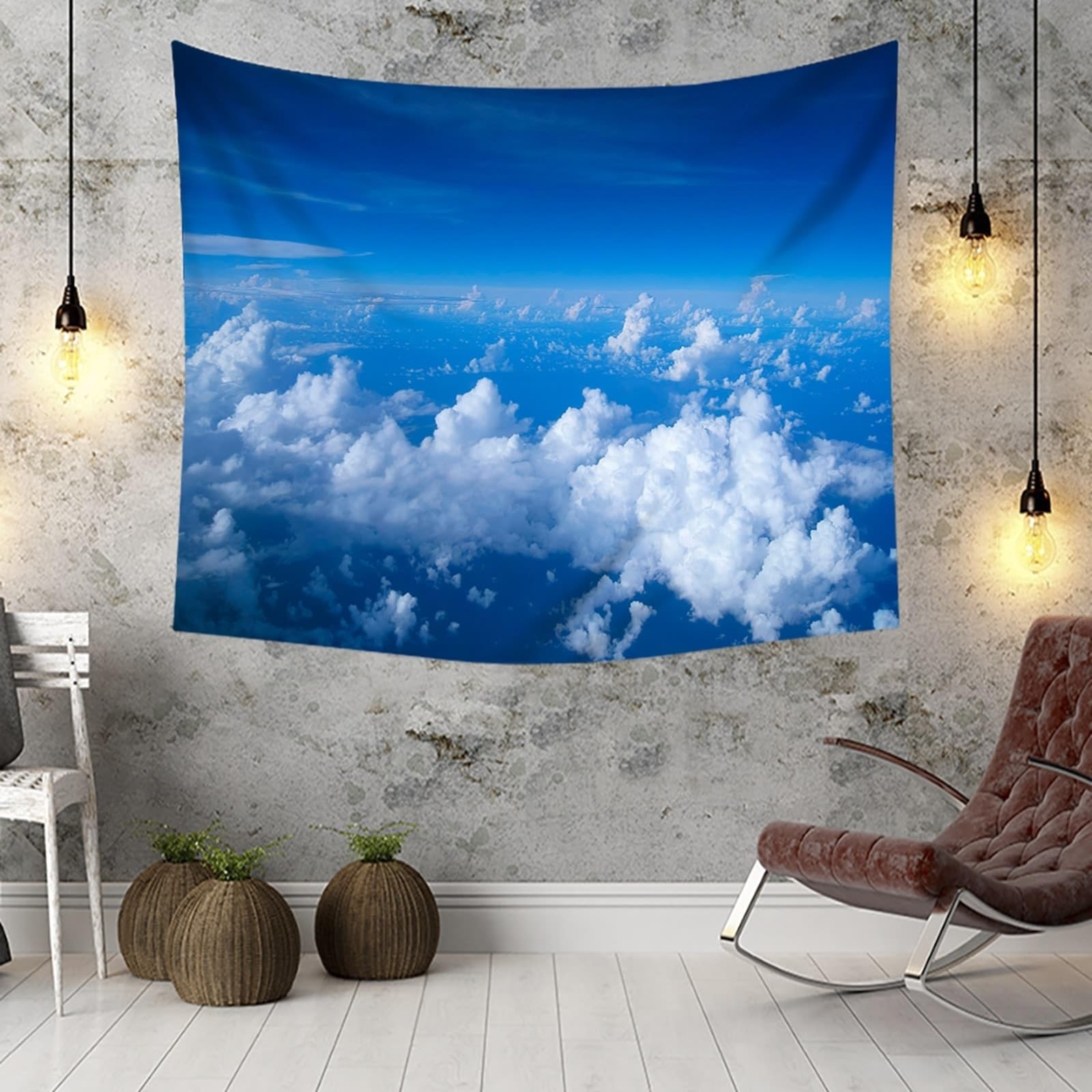 Skcess Wandteppich Blauweiß, Polyester Wandtücher Blauer Himmel und Weiße Wolken Wandteppich 240x220cm