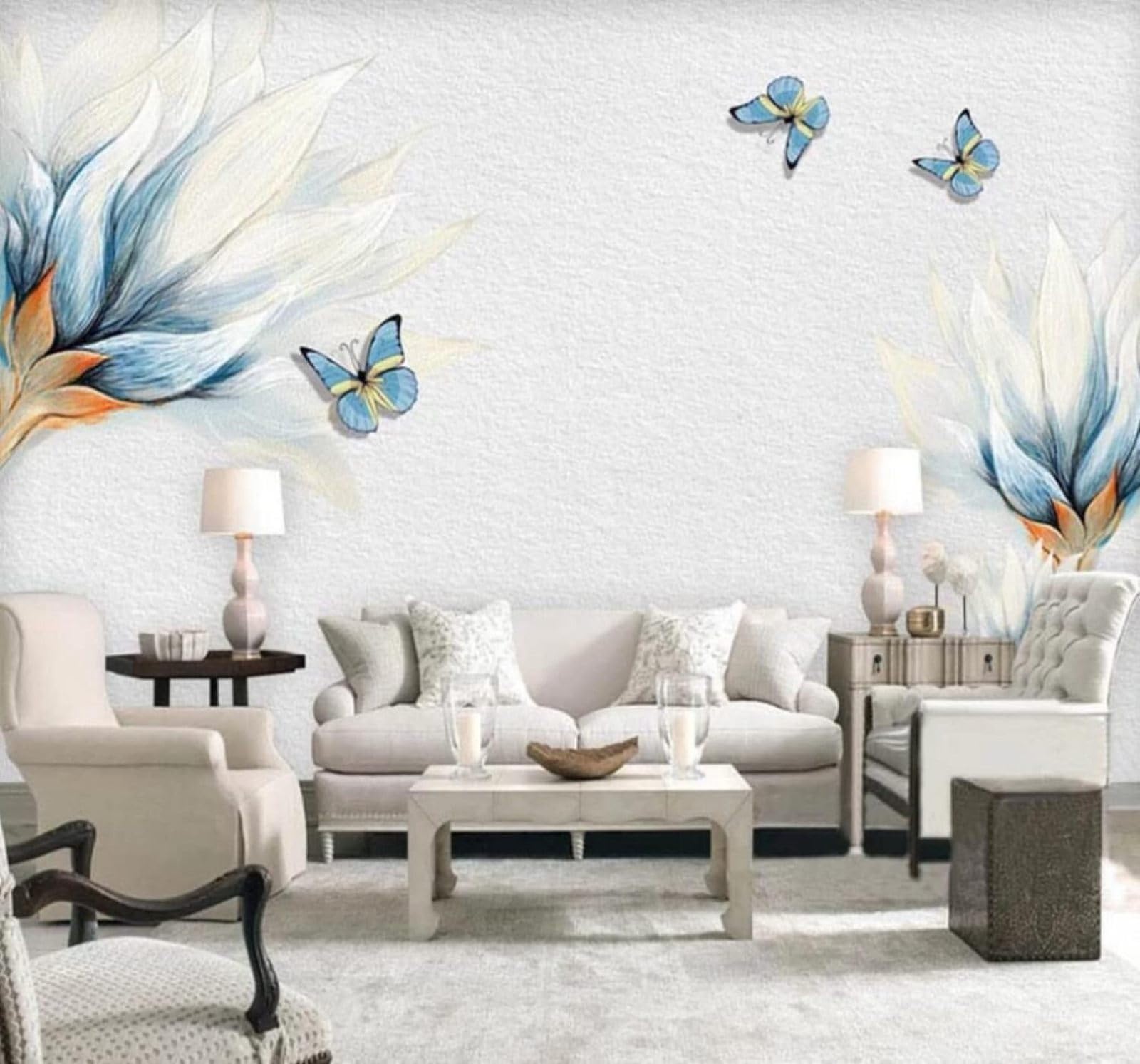 XLMING Minimalist Hand Drawn Blue Flowers Butterflies 3D Wallpaper Luxury Home Dining Decor Paste Sofa Living Room The Wall for Bedroom Mural-300cm×210cm