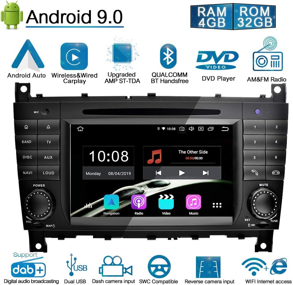 Ohok Android 9.0 Radio for Mercedes-Benz C-Class W203/CLK W209 2 Din Head Unit 8 Core 4GB+32GB Sat Nav Support GPS Bluetooth Android Auto Carplay DVD Player WIFI DAB+ Easy-connect,7" Touch Screen