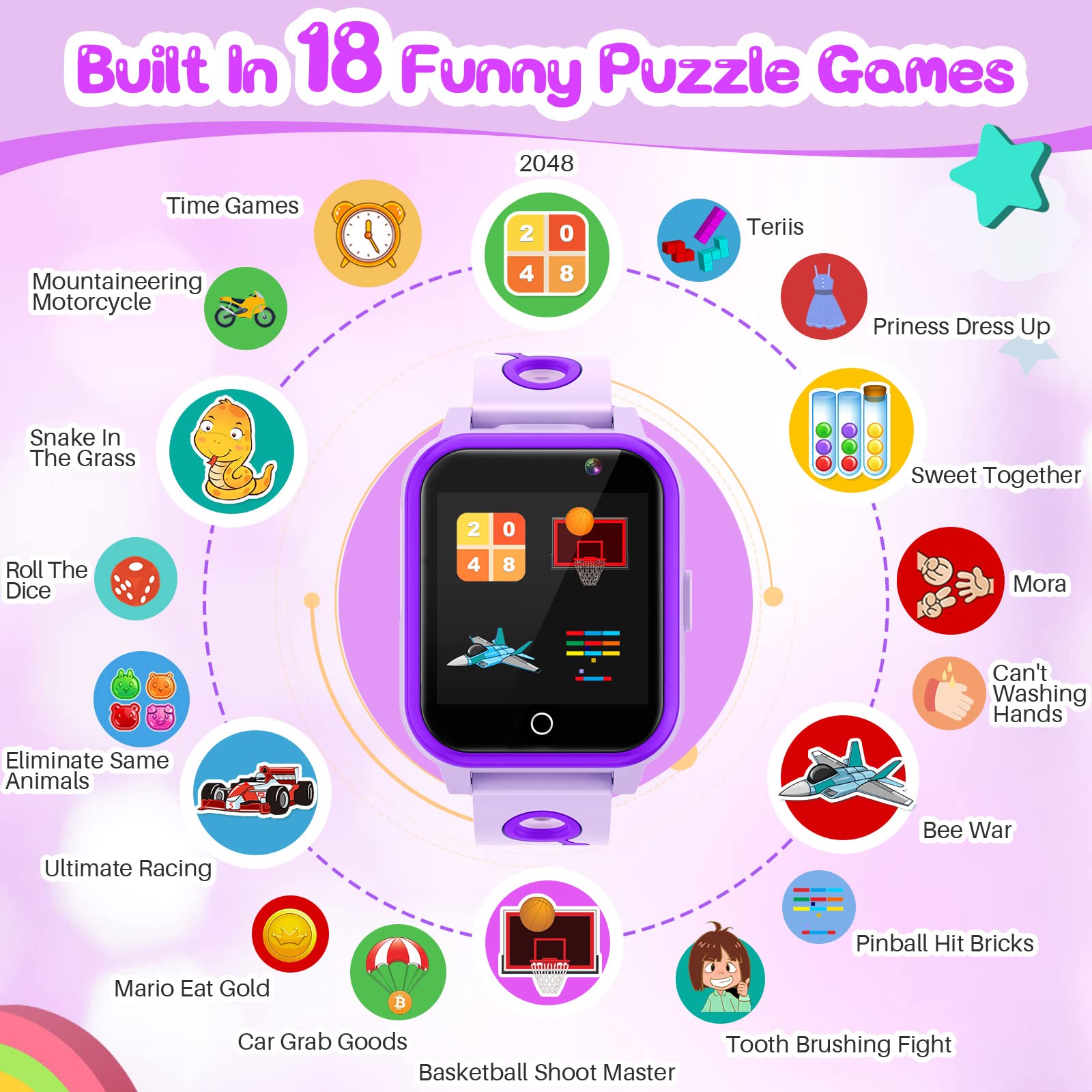 Montre intelligente de jeux pour enfants avec écran tactile, 18 jeux, appareil photo, podomètre, réveil, lecteur MP3, montre musicale pour enfants, garçons et filles, cadeau de Noël et