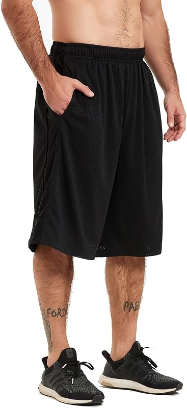 Pantalón corto deportivo de baloncesto largo de 12"HQUEC para hombre por debajo de la rodilla, corte holgado | Bolsillos profundos, tejido de malla, absorción del sudor, cordón elástico en la cintura, movimiento libre, multideportes para correr en el gimnasio