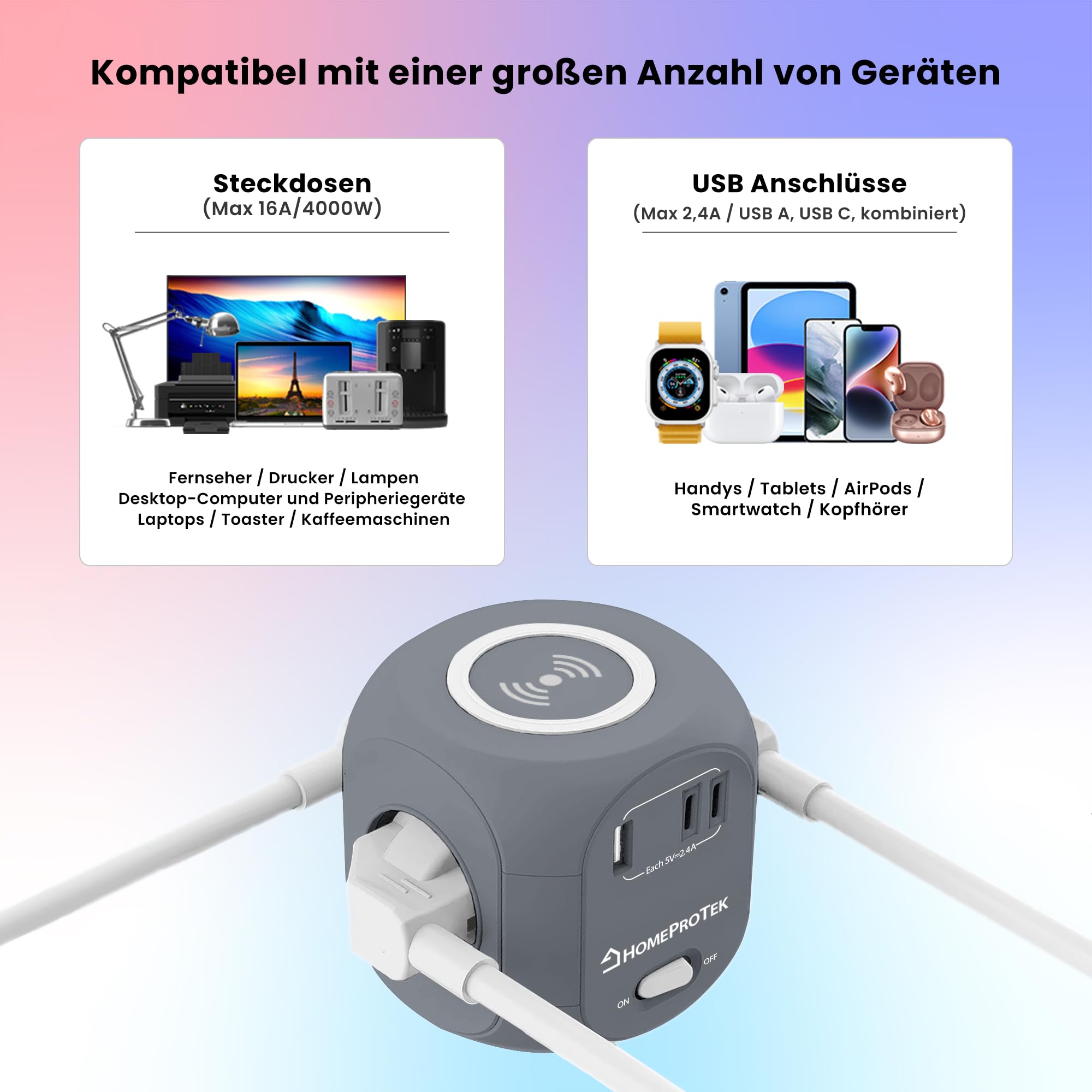 HomeProtek Steckdosenwürfel 3-Fach, USB-A, 2 USB-C, Grau, Kabelloses Laden | Steckdosenwürfel Mit USB, Kabellosem Ladegerät Und Schalter; Kompakter Mehrfachstecker Für Schreibtisch, Büro Und Zuhause