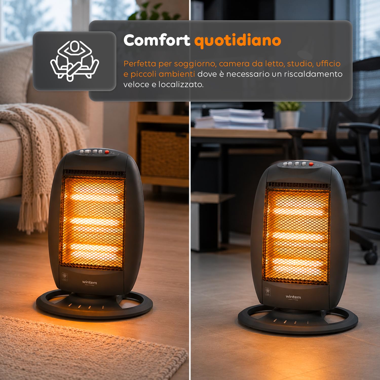 Wintem Stufa Alogena Elettrica 3 Elementi Indipendenti 1200W - Ideale per Riscaldare Piccole Stanze in Casa o Ufficio con Protezione al Ribaltamento e Antisurriscaldamento per una Sicurezza Ottimale