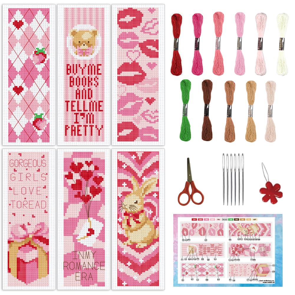 INFUNLY 6 Set Pink Cross Stitch Bookmark Kit Strawberry DIY Cross Stitch Kits Pre-Printed Rabbit Stamped Embroidery Bookmark Kit with Instructions for Beginners Adults Book Lovers Girls Gift