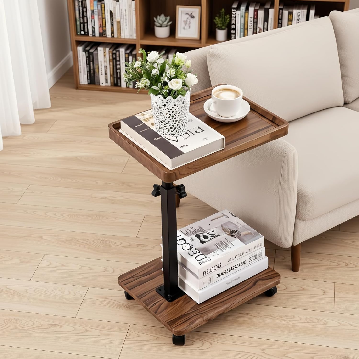 C Table End Table Adjustable Height,C Shaped End for Couch，Snack Tables,360°Swivel TV Tray Sofa Table,Tables That Slide Under,Coffee SideTable for Bed,Chair,Bath-tub (Solid Wood Color)