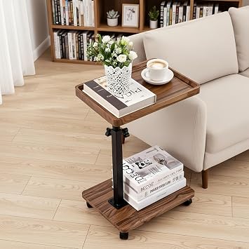 C Table End Table Adjustable Height,C Shaped End for Couch,Snack Tables,360Swivel TV Tray Sofa Table,Tables that Slide Under,Coffee SideTable for Bed,Chair,Bath-tub,OutdoorWalnut Color