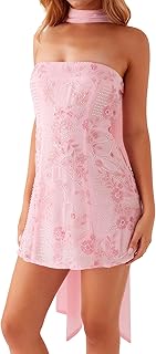 Womens Sequin Beaded Mini Dress with Scarf Y2k Strapless Sparkle Short Dresses Summer Trendy Club Party Glitter Dress - Buy now