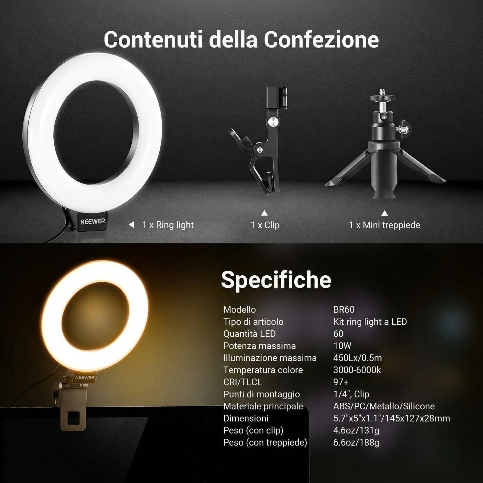 NEEWER BASICS BR60 5" Ring Light Clip-on Lamp 10W 3000K-6000K Dimmerable for Laptop Computer Monitor Video Conference