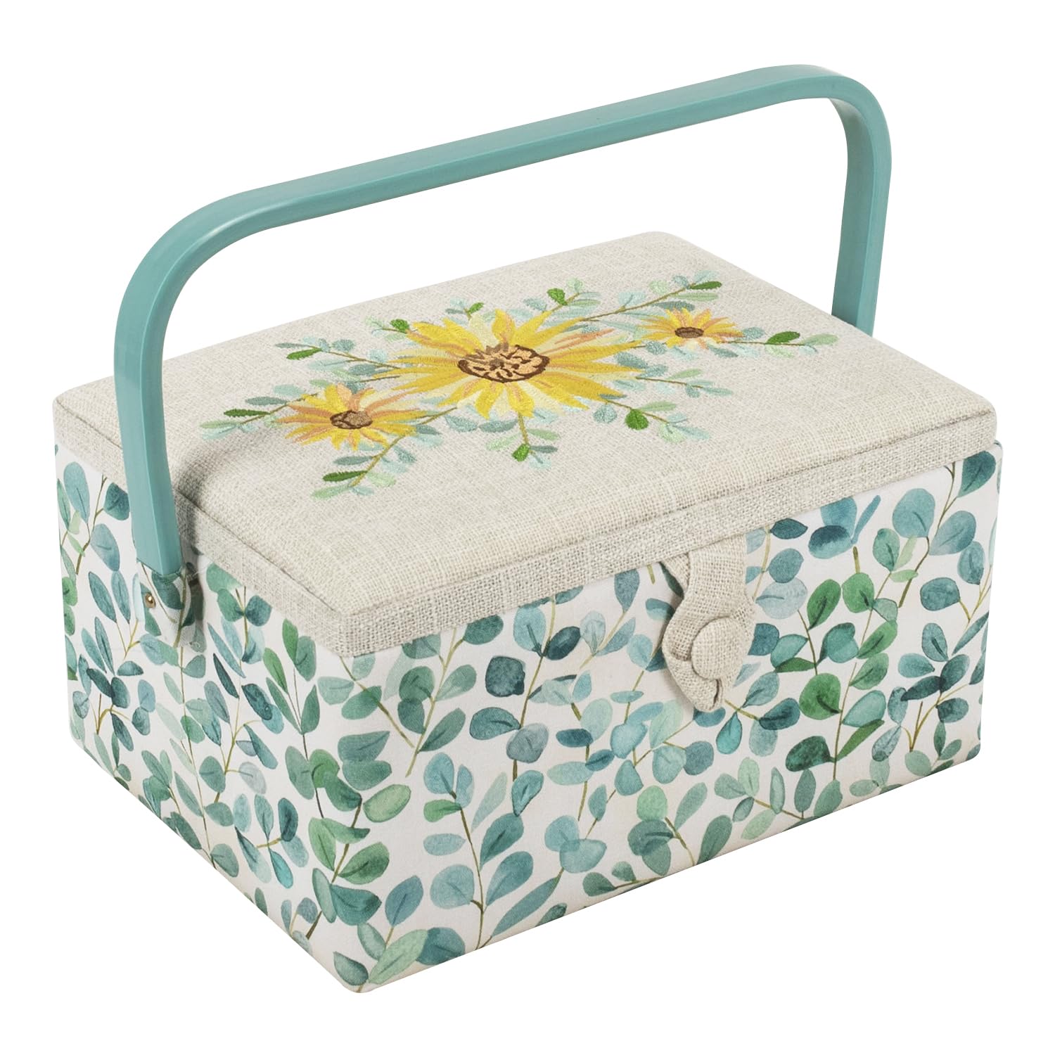 Hobby Gift Eucalyptus Medium Sewing Box Organiser With Handle - Cotton Basket Sewing Storage Box, Craft Storage Boxes With Compartments For Tools & Accessories - 18.5 X 25.5 X 14.5Cm,