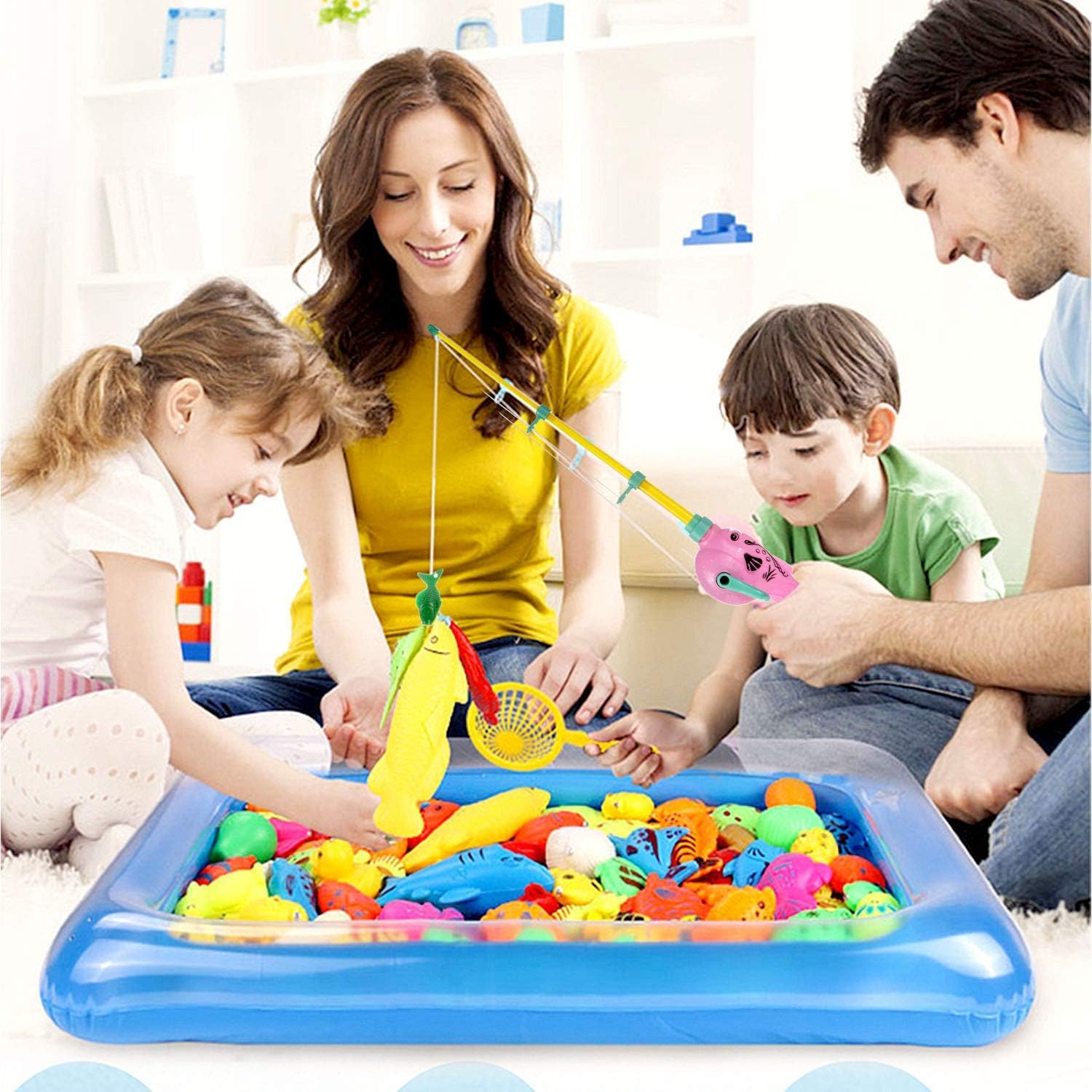 Giocattolo Pesca Magnetico 45 pezzi Fishing Game Magnetico Giocattolo da Bagno Canne da Pesca Giocattolo con Piscina Gonfiabile Giocattolo Divertente all'Aperto Regali Ottimi per Bambini