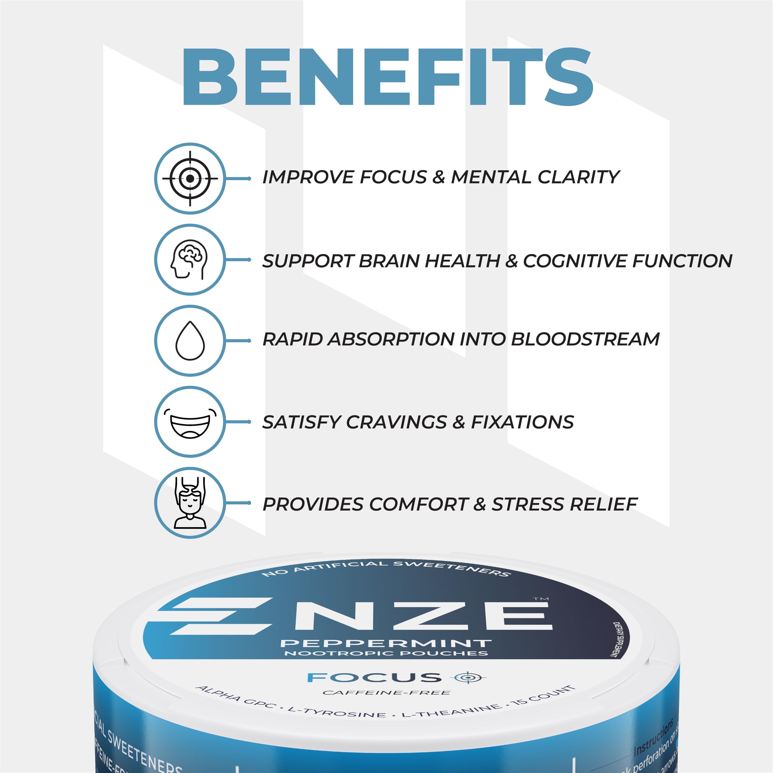 NZE Caffeine Free Nootropic Pouches (Peppermint) - Nootropic Pouches with Alpha GPC, L-Tyrosine & L-Theanine - No Sugar or Artificial Sweeteners - 15 Nicotine Free Pouches Per Can - 5 Pack — Amazon image 5
