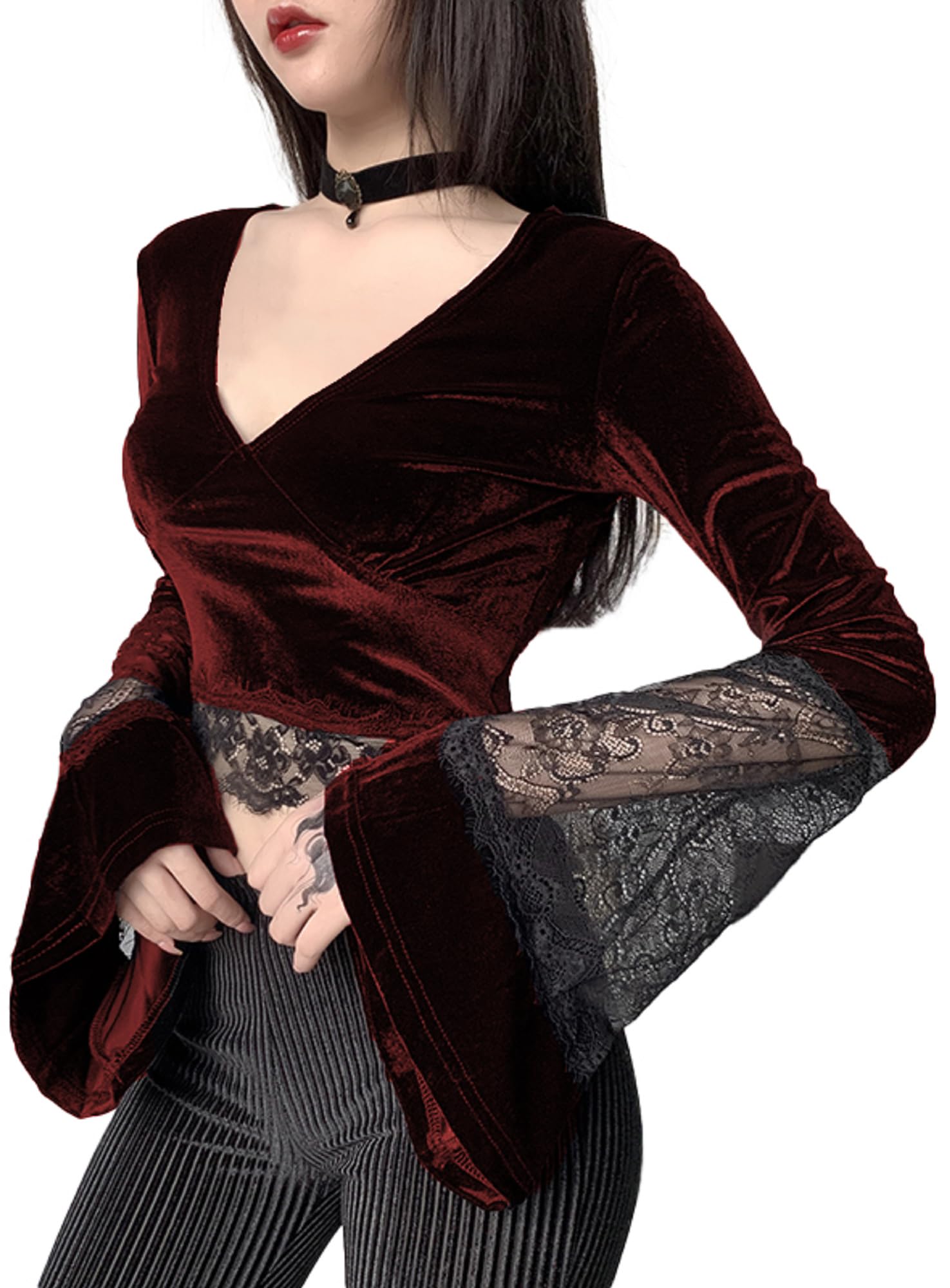 TSMNZMU Womens Gothic Velvet Crop Tops - V Neck Lace Patchwork Long Sleeve Shirt - Witch & Dark Goth Style