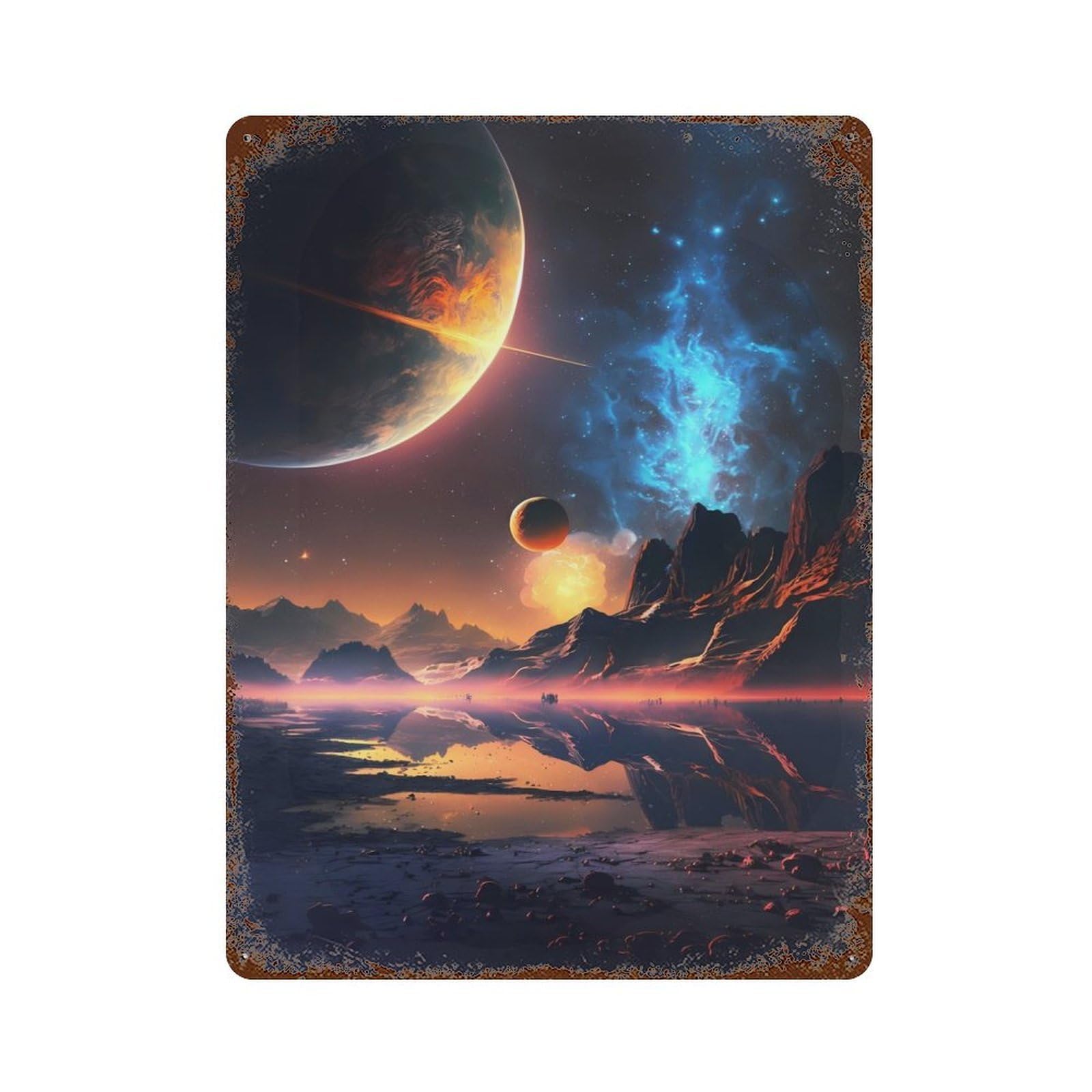 Sunset Over The Planets Rusty Metal Tin Sign 15.7"x11.8", Industrial Home Decor for Garage, Pub Or Kitchen