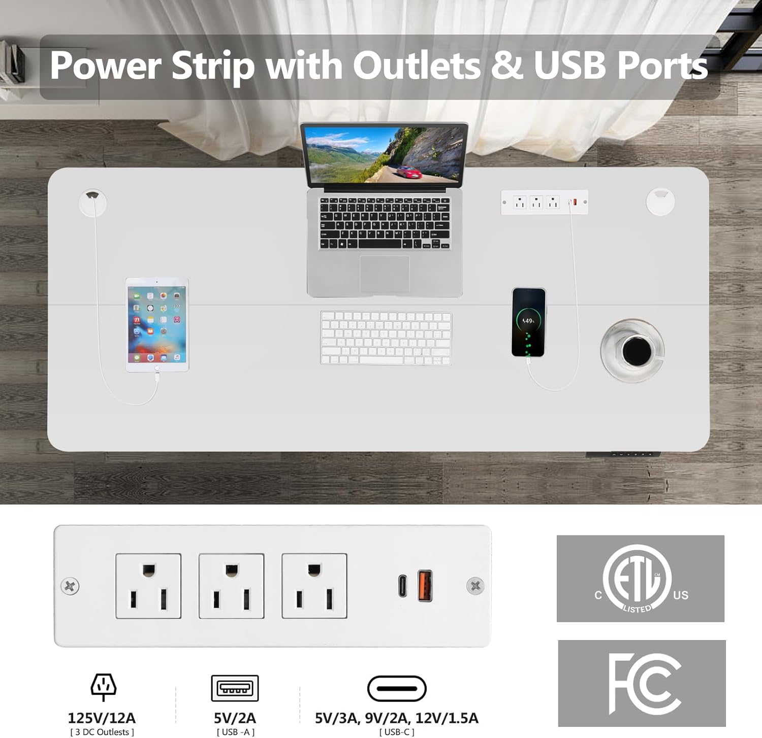 Electric Standing Desk 48 x 24 Inches Adjustable Height Sit Stand Up Desk for Home Office Computer Workstation with 2 USB Ports 3 AC Power Outlets Memory Preset and Wheels, White