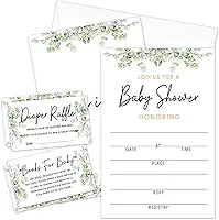 Kit de convites para chá de bebê Greenery com envelopes, 25 conjuntos de convites para chá de bebê e 25 bilhetes de sorteio de fraldas e 25 cartões de solicitação de livro de chá de bebê,