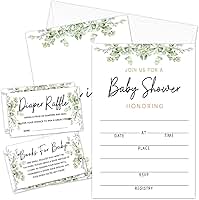 Kit de convites para chá de bebê Greenery com envelopes, 25 conjuntos de convites para chá de bebê e 25 bilhetes de sorteio de fraldas e 25 cartões de solicitação de livro de chá de bebê,
