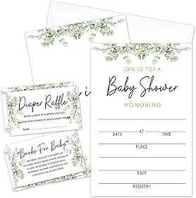 Kit de convites para chá de bebê Greenery com envelopes, 25 conjuntos de convites para chá de bebê e 25 bilhetes de sorteio de fraldas e 25 cartões de solicitação de livro de chá de bebê,