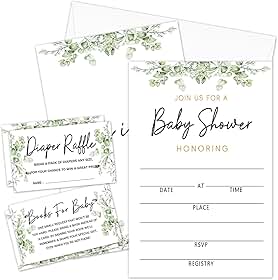 Kit de convites para chá de bebê Greenery com envelopes, 25 conjuntos de convites para chá de bebê e 25 bilhetes de sorteio de fraldas e 25 cartões de solicitação de livro de chá de bebê,